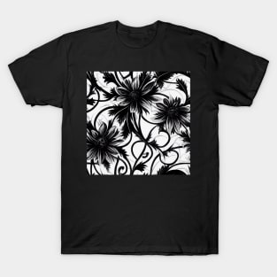 Vintage Floral Cottagecore  Romantic Flower Peony Design Black and White T-Shirt